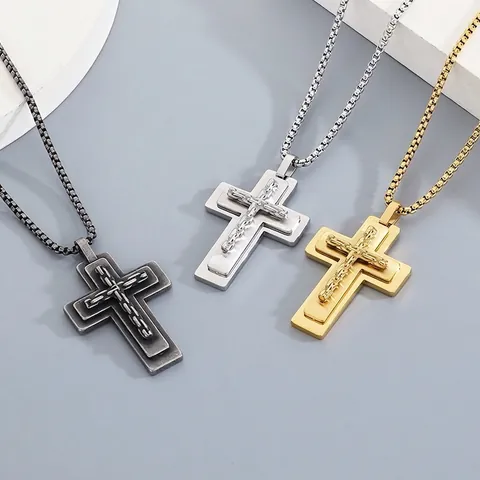 Gelaagde Kruis Hanger Ketting Roestvrij Staal Schakelketting Mode Religieuze Sieraden Voor Mannen Stoere Industriële Stijl