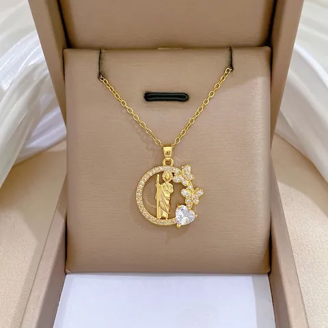 Collana A Catena In Acciaio Inossidabile Dorato Con Ciondolo In Rame Figura Religiosa Farfalla Cuore Zircone Donna