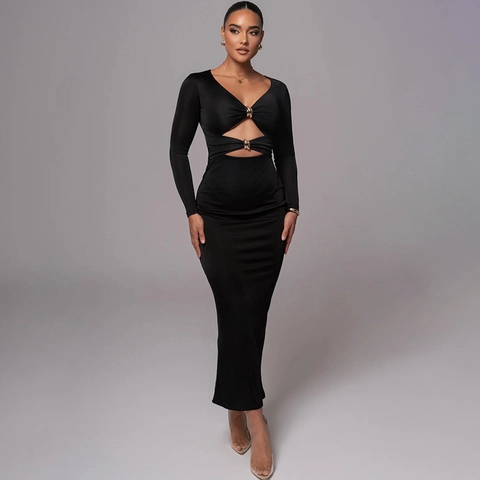 Vestito Lungo Sexy Maniche Lunghe Raso Scollo A V Cut Out Anello Metallo Spacco Aderente Elegante Donna