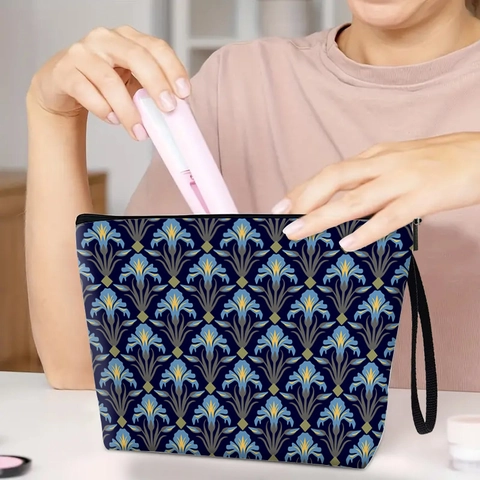 Trousse Per Trucco Retro Con Fiori Di Iris Lino Borsa Cosmetica Con Cerniera E Cinturino Da Polso Organizzatore Da Viaggio