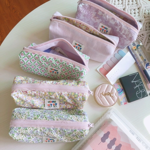 Estuche De Lápices De Lona Floral Dulce Bolsa De Cosméticos Pana Bordado Encaje Organizador Papelería Púrpura Estilo Fresco