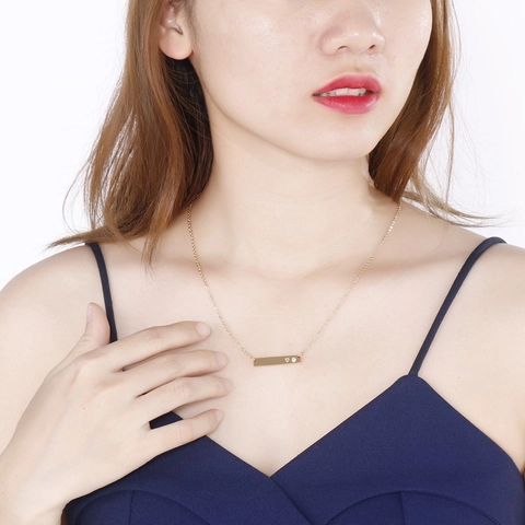 Minimalist Horizontal Bar Necklace Gold Plated Stainless Steel Heart Engraved Birthstone Zirconia Pendant Jewelry