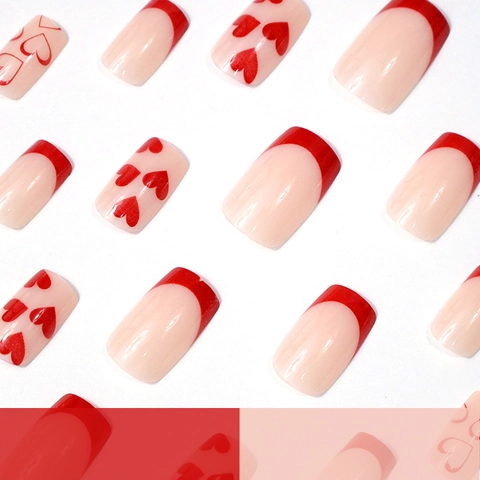 Uñas Postizas A Presión French Rojas Con Diseño De Corazón Cuadradas Medianas ABS Uñas Artificiales Para Mujer San Valentín