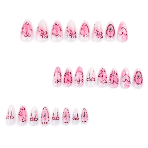 Unghie Press On Mandorla Dolce Cuore Fiocco Sfumato Rosa Bianco Perla Artificial Strass Decorazione Unghie Finte Donna