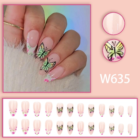 French Tip Press On Nails Butterfly Flower Pattern Long Almond Shape Glossy Finish Elegant Manicure Accessories