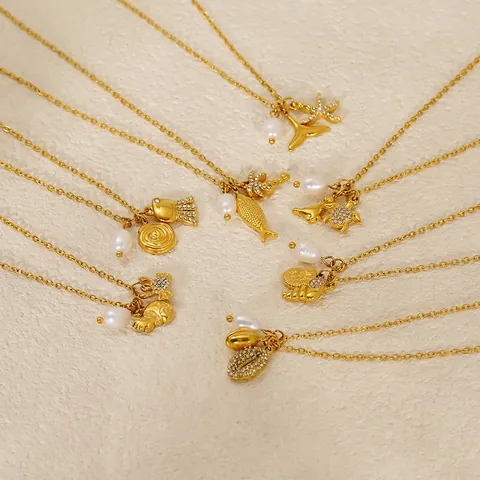 Collana Con Pendente Animale Marino Acciaio Inossidabile Placcato Oro 18K Perla Artificial Conchiglia Stella Marina Coda Balena Gioielli Donna