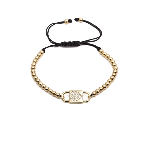 Pulsera Con Amuleto De Corazon Y Candado Cuentas De Cobre Circon Micro-Pave Cordon Trenzado Negro Ajustable Joyeria Mujer