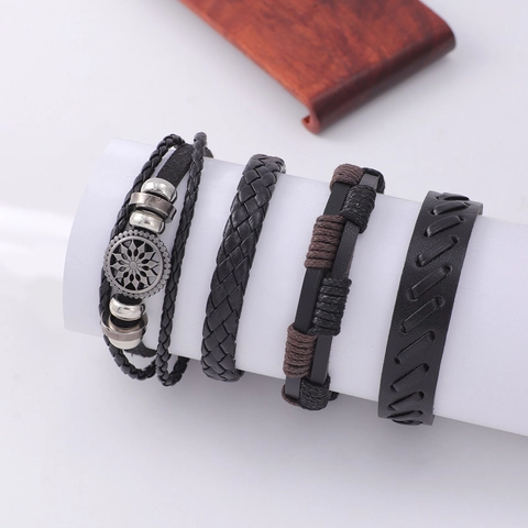Bracciali Uomo Pelle PU Corda Intrecciata Retrò Multistrato Fatti A Mano Girasole Ingranaggio Ciondoli Gioielli Moda