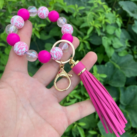 Luminous Beaded Wristlet Keychain Silicone Beads Leopard Print With Tassel Faux Leather Gold Ring Elastic Wrist Strap
