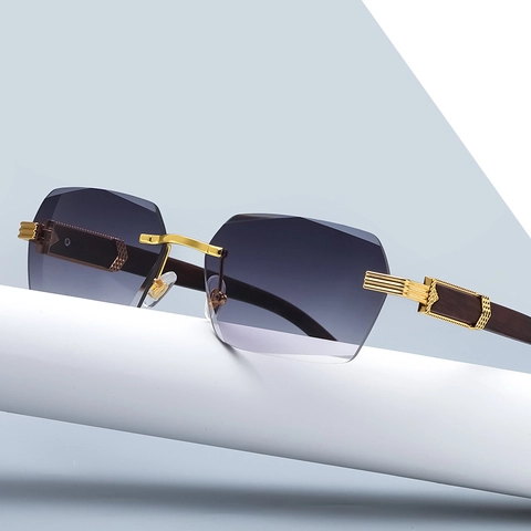 Rimless Square Sunglasses With Metal Bridge And Wood Grain Temples Gradient Lens UV Protection Retro Hip Hop Style