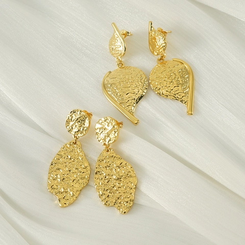 Orecchini Pendenti In Acciaio Inossidabile Placcato Oro 18K Texture Martellata Foglia Irregolare Geometrico Vintage Per Donne