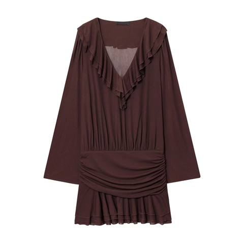 Women V Neck Long Sleeve Mini Dress Ruffled Ruched Elastic Waist Polyester Elegant Casual Fashion Plain Color
