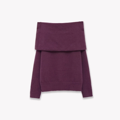 Jersey De Punto Con Hombros Descubiertos Cuello Barco Manga Larga Color Sólido Acanalado Elegante Mujer