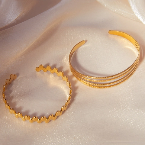 Geometrischer Offener Manschettenarmreif Titanstahl 18K Vergoldet Mehrlagig Texturiert Französisch Retro Mode Schmuck Damen