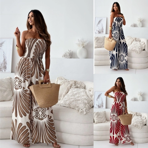 Damen Trägerloser Jumpsuit Mit Weitem Bein Sommer Strandurlaub Abstraktem Totem-Druck Polyester Gummizug Taille Ärmellos