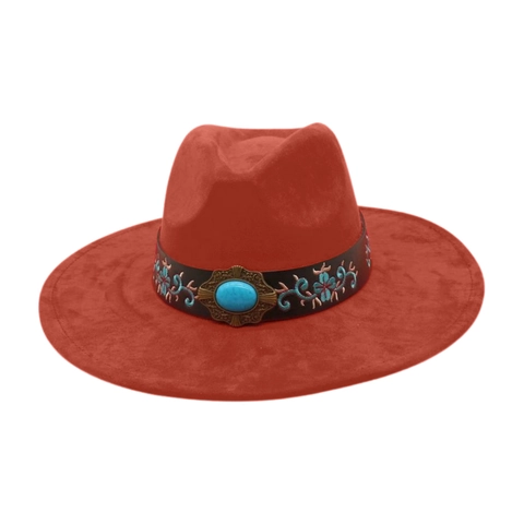 Cappello Fedora Tesa Larga Ricamo Etnico Scamosciato Feltro Vintage Bohémien Western Cowboy Arredo Turchese Donne Uomini