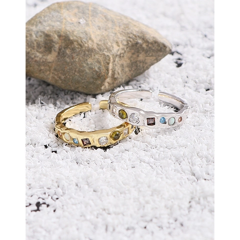 925 Sterling Silver Wrinkle Texture Open Ring For Women Colorful Rhinestone Adjustable Korean INS Style Minimalist Finger Ring Jewelry