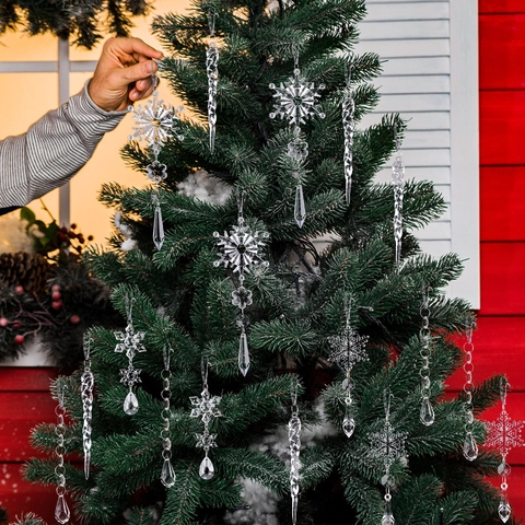 Set di Ornamenti Natalizi in Acrilico Cristallo Trasparente Fiocco di Neve Ghiacciolo Renna Decorazioni Appese per Albero di Natale Casa