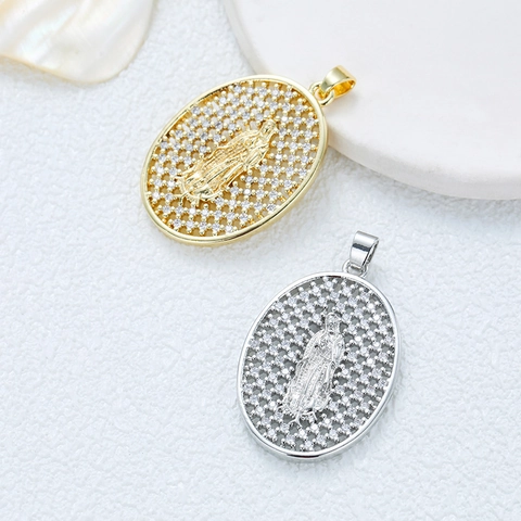 Collana Con Pendente Vergine Maria In Rame Placcato Oro Con Zirconia Ovale Gioielli Religiosi Cristiani Per Donne