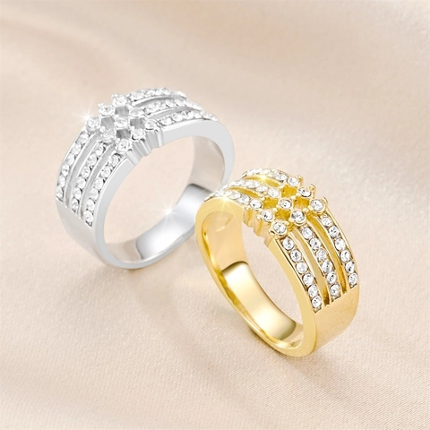 Titanium Steel Ring With Cubic Zirconia Three Row Micro Pave Square Cluster Wide Band Luxury Jewelry For Men Women