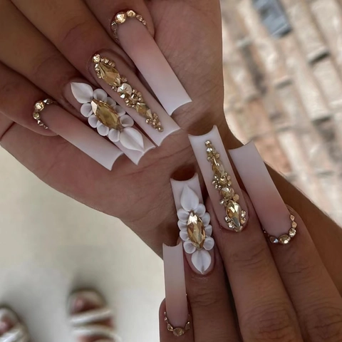 Press On Nails Long Square Coffin Ombre Pink White Matte Luxury 3D Flower Rhinestones Elegant Fake Nails For Women
