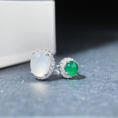 Anillo Abierto de Plata de Ley S925 para Mujer Calcedonia Verde Natural Ágata Vintage Elegante Ajustable Incrustado con Diamantes de Imitación