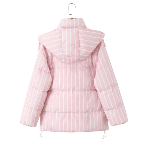 Gestreept Pufferjack Met Capuchon Voor Dames Polyester Gewatteerd Rits Trekkoord Zoom Casual Winter Bovenkleding