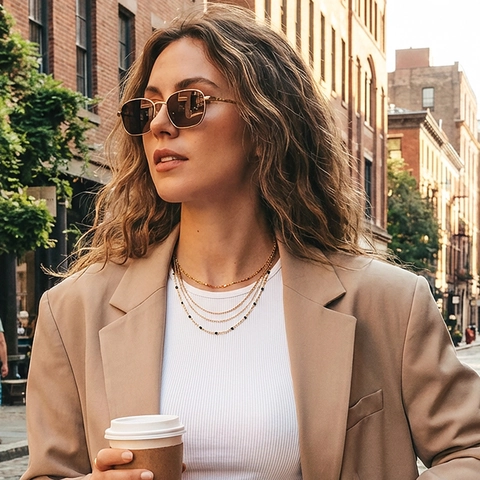 Triple Layer Stainless Steel Necklace With Black Beads Gold Plated French Retro Clavicle Chain For Women