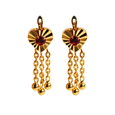 Orecchini Pendenti A Cuore Vintage Ottone Placcato Oro Con Zircone Rosso Motivo Inciso Frangia Catena