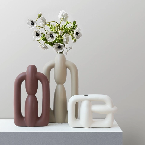 Nordic Abstract Ceramic Vase Matte Geometric Hollow Flower Pot Modern Minimalist Home Office Desktop Decorative Ornament