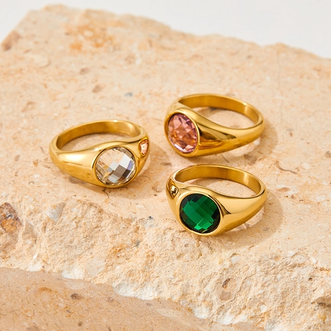 Vintage Siegelring Edelstahl Vergoldet Runder Zirkon Eingelegt Retro Breitband Modeschmuck Für Frauen