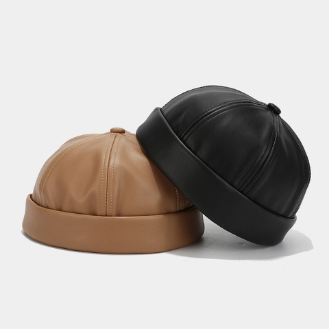 Retro PU Leather Docker Cap Brimless Hat Solid Color Adjustable Yuppie Style Unisex Fashion Skullcap