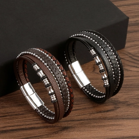 Vintage Multi-layer Braided Leather Bracelet For Men With Stainless Steel Magnetic Buckle And Beads
