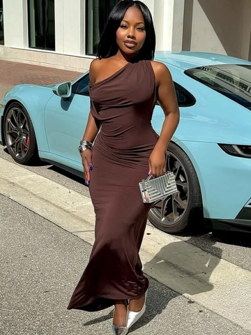 Asymmetric Shoulder Maxi Dress Polyester Spandex Ruched Sleeveless Bodycon Sexy Party Evening For Women