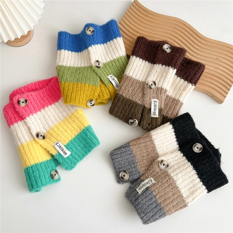 Tour De Cou Tricoté À Rayures Avec Boutons Écharpe D'Hiver Douce Cache-Col En Maille Pour Femmes Style Coréen Polyvalent