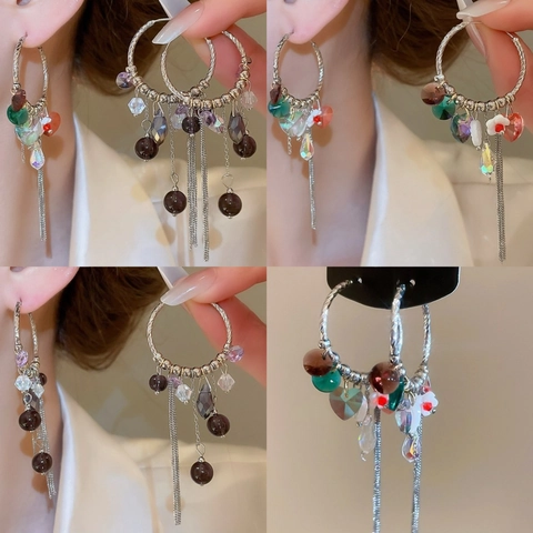 Hoop Earrings With Long Tassel Heart Flower Artificial Crystal Retro Ethnic Style Jewelry For Women