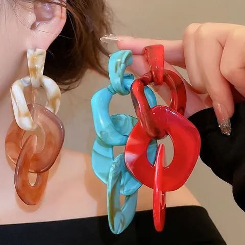 Boucles Oreilles Pendantes Chaîne Géométrique Texture Marbre Acrylique Avec Tige Argent Sterling 925 Accessoire Rétro