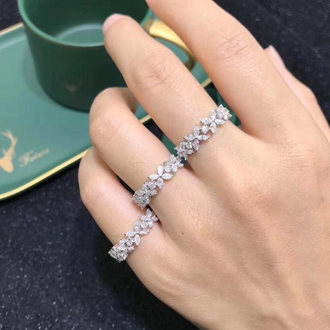 Sparkling Flower Zircon Ring Marquise Round Cut Copper White Gold Plated Elegant Clover Band Jewelry For Women