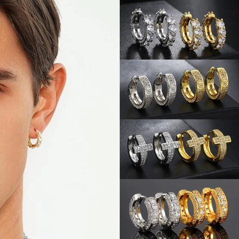 Orecchini A Cerchio Iced Out Rame Zircone Stile Hip Hop Geometrico Rotondo Croce Rivetto Con Silver Earring Post 925