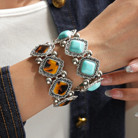 Vintage Bohemian Ethnic Elastic Bracelet Alloy Acrylic Turquoise Amber Geometric Square Distressed Jewelry For Women