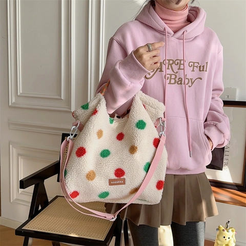 Korean Retro Autumn Winter Striped Plush Tote Bag Large Capacity Soft Lamb Wool Handbag Crossbody Shoulder Bag For Students Women