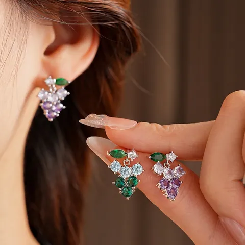 Eleganti Orecchini A Lobo A Grappolo D'uva In Rame Con Zirconi E Perno In Argento Sterling 925 Gioielli Per Donna