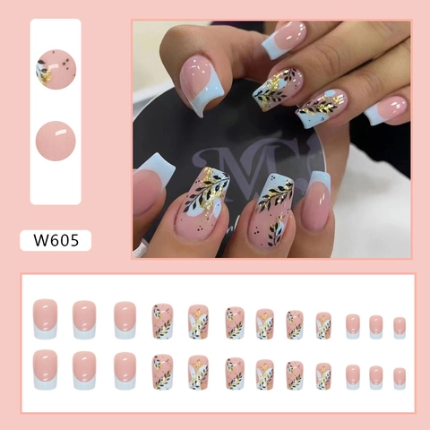 French Light Blue Press On Nails Medium Square Fake Nails With Gold Foil Black Leaf Pattern Elegant Manicure For Women