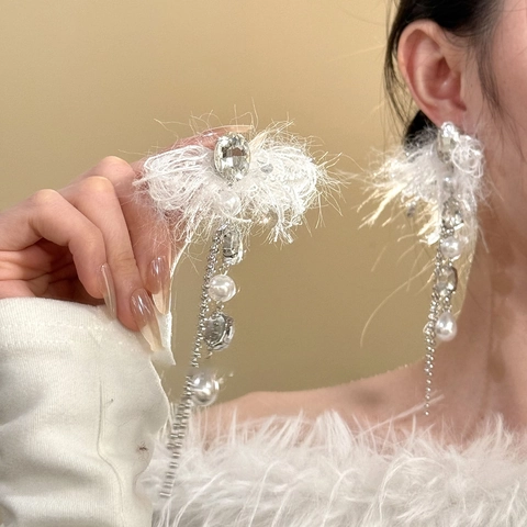 Boucles D'oreilles Longues À Pompons Avec Künstliche Perles Fantaisie Strass Plumes Tige En Argent Bijoux Élégants Pour Femmes
