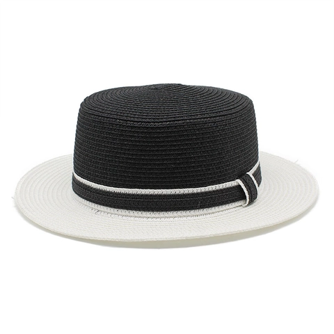 Contrast Color Straw Woven Boater Hat Flat Top Wide Brim Sun Protection Summer Beach Casual Fedora Style For Women Men