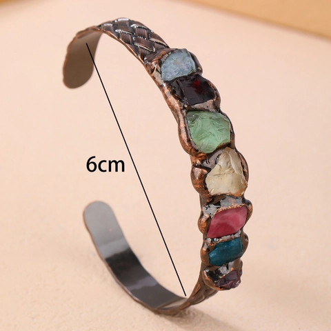 Bracelet Jonc Ouvert Fait Main Vintage Avec Cristaux Bruts d'Améthyste Citrine Fluorite Verte Style Cuivre Antique Pour Femmes Bijoux de Fête