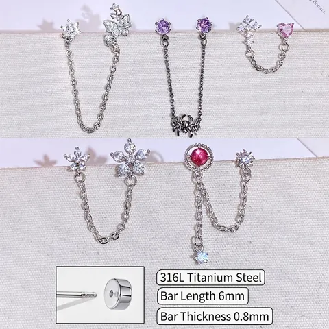 Orecchini a Bottone in Acciaio Inossidabile 316L Con Catena in Strass Per Uomo Donna Farfalla Ragno Cuore Stella Gioielli