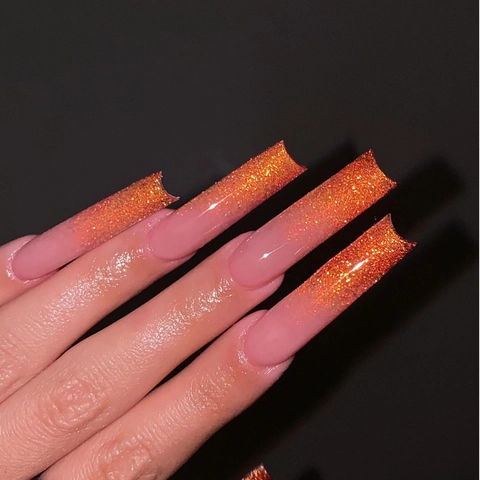 Extra Lange Coffin Press On Nägel Gradient Nude Rosa Orange Glitzer Glänzend Künstliche Nägel Für Frauen Salon Stil Maniküre
