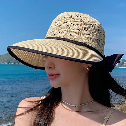 Women Foldable Paper Straw Sun Hat With Bowknot Wide Brim Breathable Hollow Beach Straw Hat For Summer Vacation Travel