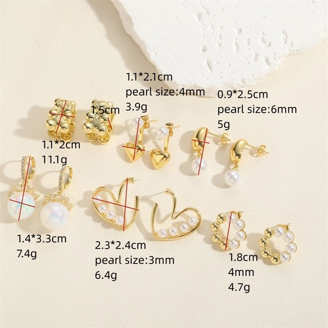 Elegant 14K Gold Plated Copper Heart Artificial Pearl Zircon Earrings For Women Bear Shape Geometric Studs Jewelry